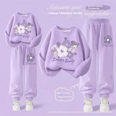 2025 Girls' Casual Sweat Pants Set Western Style Spring Autumn All-match Outer Wear with Cartoon Pattern New Two-piece Suit