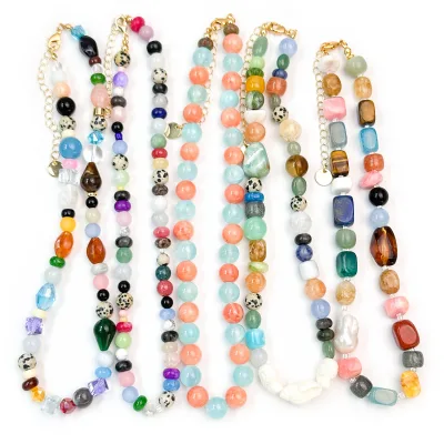 Bohemian Irregular Natural Stone Beaded Necklace Mixed Color Vintage Gemstone Choker Layered Gift Colorful Stone Choker Necklace