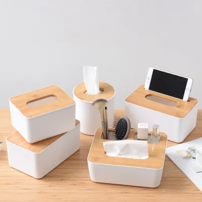 Diyunte Eco-friendly Custom Logo Multifunctional Tissue Holder with Bamboo Wood Lid Napkin Organizer Container Tissue Box