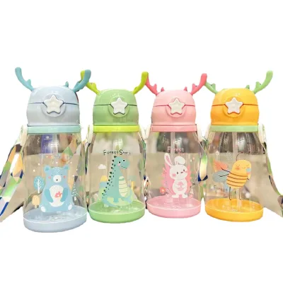 New cartoon water cup children high-capacity antler plastic cup student gift straw cup wholesale