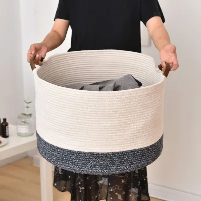 Hot Selling Collapsible Cotton Storage Basket with PU Leather Handle Customizable Color Laundry Storage Bag