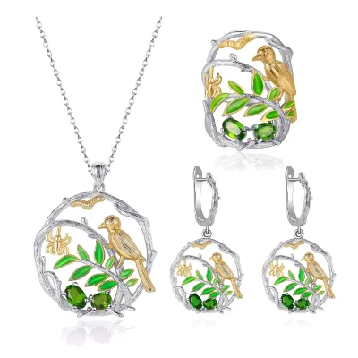 C7926 Abiding Green Gemstone Chrome Diopside Gemstone S925 Silver Necklace Earrings Ring Full Set Jewelry