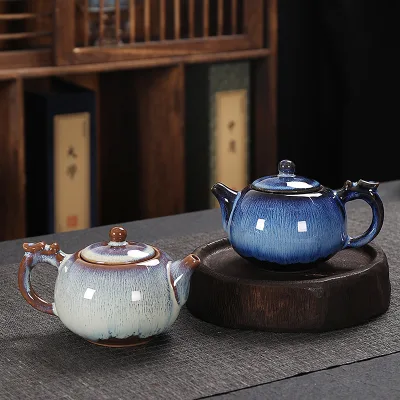 Japandi Style Tianmu Glazed Ceramic Kung Fu Tea Pot Handle Dinnerware Traditional Porcelain 250ml Tea Kettle