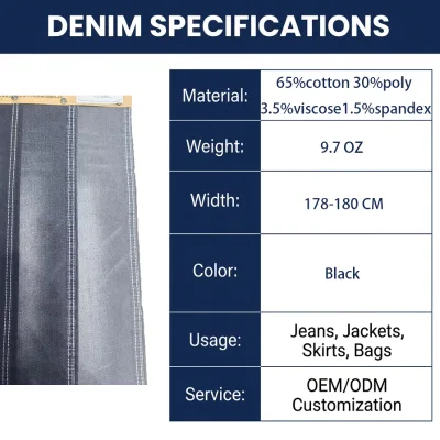 Mercerized Black Denim Fabric Through Dyed Black Face Black Back 1.5 Spandex Stretch Raw Denim China Factory Direct