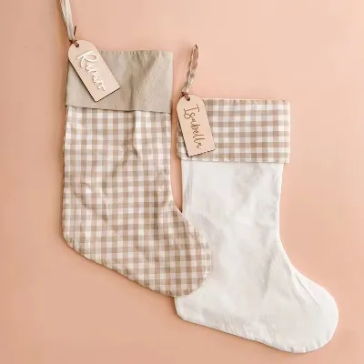 Sublimation Natural Canvas Christmas Stocking Custom Socks Gingham Christmas Stocking