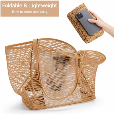 Waterproof Bottom Mesh Organizer Bag Nylon Mesh Storage Tote with Interior Pocket Foldable Lightweight Travel Bag 4 Colors