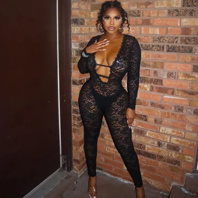 Y0170 New Lace See Through Zipper Sexy Hot Girl Nightclub Jumpsuit