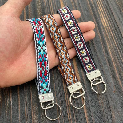 Ethnic Embroidered Patterns Self Defense Keychain Wristband Bohemian Polyester Key Chain Wristlet Bag Key Ring