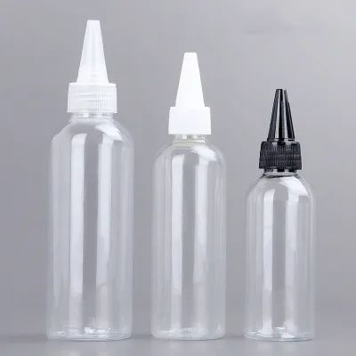 New Empty 30ml 60ml 100ml 120ml PET Plastic Squeeze Bottle with Twisted Top Lid Pointed Mouth Tip Cover for Hair Glue Applicator