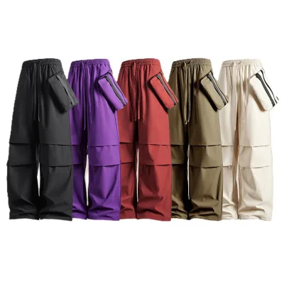 Unisex Wide Leg Cargo Pants Drawstring Elastic Waist Causal Streetwear Layered Design Pants with Detachable Zipper Pouch