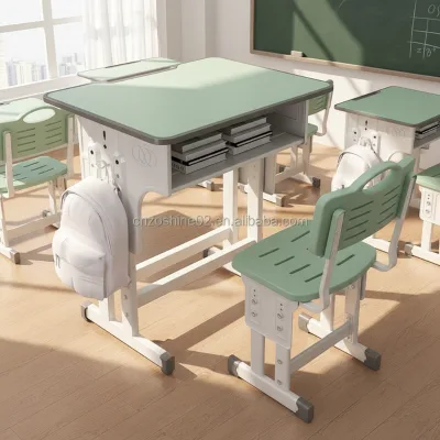 Zoshine Eco-friendly Wood Height Adjustable Kids Study Desk Chair Set with Side Hook Book Storage Shelf School Student Furniture