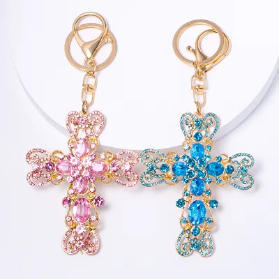 Pink Crystal Religious Charm Pendant with Gold Clasp Diamond Cross Keychain Metal Car Bag Key Pendant Elegant Cross Keychain