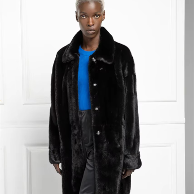 Women's 90 cm Long Natural Mink Skin Coat Turn Down Collar with Button Decoration Mink Overcoat Black Mink Coat