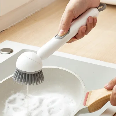 Soap Dispensing Pot Brush | Adjustable Angle Long Handle Non-Scratch Cookware Scrubber | Multi-Purpose Kitchen Cleaning Tool