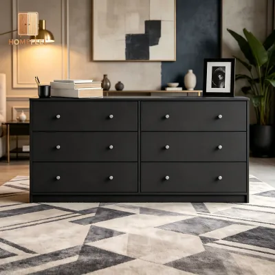 Ultra Slim Low Profile 6 Drawers Pewter Handle Foldable Back Anti-Tip for Narrow Space Bedroom Chest of Drawers of Bedroom
