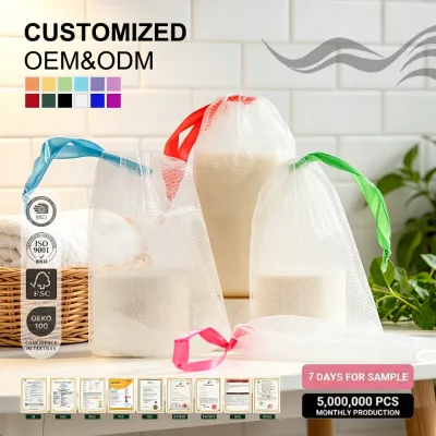 Premium 9x15cm Double Layer Mesh Soap Saver Pouch Customizable Ribbon Drawstring Soap Saver Bag for Household and Hotel Use