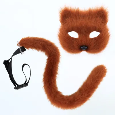 Faux Cat Mask Plush Mask Two-piece Set Handmade Beast Tail Cosplay Live Props Prom Performance