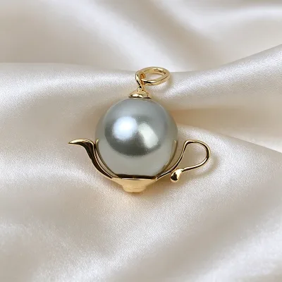 Vintage Teapot Pearl Pendant Fit 10-11mm Loose Pearl 18K Gold-plated Charm for Necklace DIY Handmade Jewelry Accessory Supplies