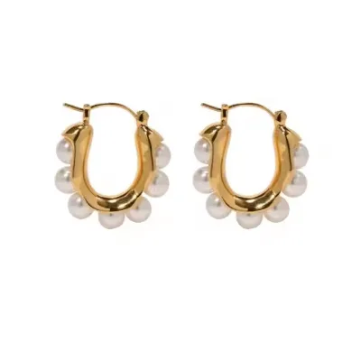 INS Trendy Retro Pearl Earrings Gold Hoops Geometric Cc Earring Stainless Steel Jewelry Freshwater Pearl Jewelry Earrings Female