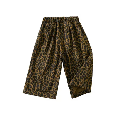 Leopard-print Cotton Girls Autumn Trousersloose-fitting Casual Korean-style Elastic Waistband Retro Print Stylish