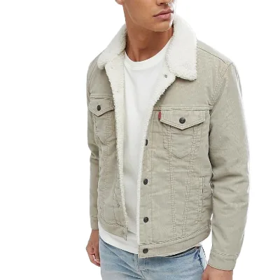 Mens Beige Jeans Sherpa Jackets Corduroy Jackets Winter Fur Coat Denim Jacket for Men