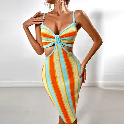 Wholesale OEM Custom A-Line Knitted Y2K Halter Neck Spaghetti Strap Knee-Length Sexy Elegant Summer Women's Dress
