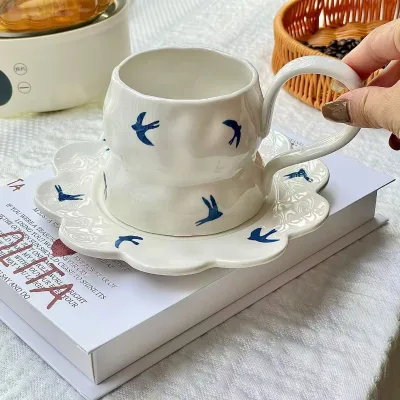 French-inspired Girlish Swallow Porcelain Coffee Cup and Saucer Hand-Painted Design Dishwasher Safe for Afternoon Tea Latte