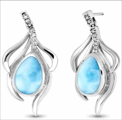 Natural Gemstone 925 Sterling Silver Jewelry Hawaiian Style Nature Blue Crystal Larimar Earrings