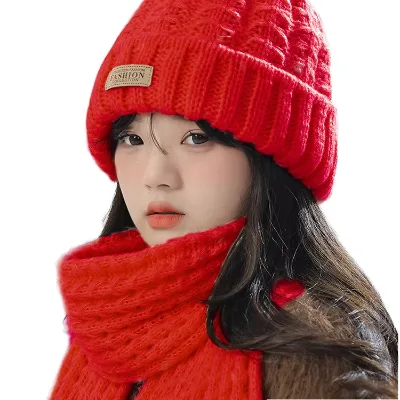 Christmas Gift Women's Knitted Winter Warm Thermal Daily Use Travel Skiing Scarf Hat 2-Piece Set
