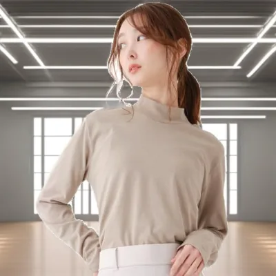 Custom Plain High Neck Slim Fit Terry Fabric Cut-and-Sew Stand Collar Mock Neck Women's Cute Long Sleeve Summer T-shirt