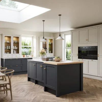 Painted Shaker Kitchen Cabinets, Custom Two-Tone Shaker Kitchen Unit, Farmhouse Style Kitchen Island & Glass Display Cabinet