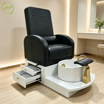 Luxury Modern Pedicure Chair with Storage Drawers, White Ceramic Foot Tub & Golden Footrest, Reclining PU Leather Pedicure