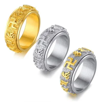 2024 Gold Plated Stainless Steel Decompression Rotation Spinning Rings Buddhism Scripture Words Anti Anxiety Rings for Men