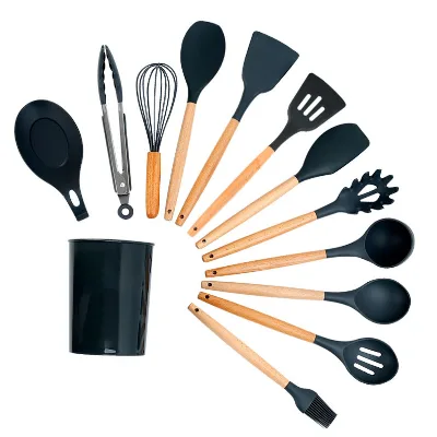 12-Piece Non-Toxic Wooden Handles Silicone Kitchen Utensils Set with Holder for Cooking