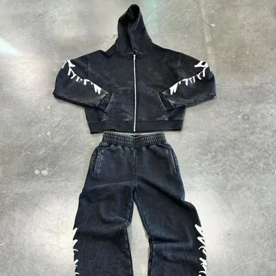 500 GSM Black Acid Washed Zipper Vintage Distressed Printing Stone Washed Men's Hoodie and Straight Jogging Sweatpants Set