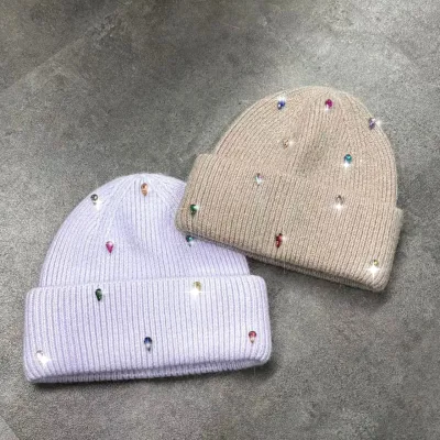 2026 New Fashion Luxury Diamond Rhinestone Bling Crystal Shiny Soft Cuffed Beanie for Women