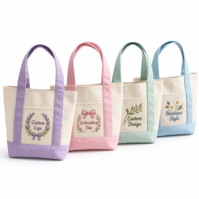 Custom Logo Reinforced Handle Mint Sky Blue Beige Stripe Embroidery Gift Canvas Cotton Shopping Tote Bag for Women Use