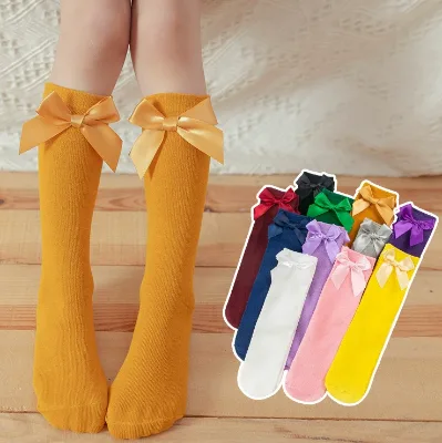 New Fashion Candy Color Litter Girl Over Calf Socks Baby Infants Long Stockings Knee High Socks With Bow
