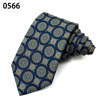 Navy Orange Medallion High Quality Handmade Floral Printed Silk Necktie for Men Formal Business Dressing Designer Ties