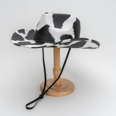 American Western Retro Style Wide Brim Cowboy Hat with Windproof Rope Summer Sun Protection Hat with Cow Print