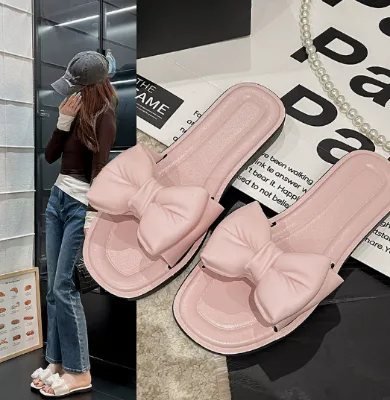 Fashion Bowknot Women Slide Slippers PVC Open Toe Flat Comfortable Ladies Slippers Casual Outdoor Daily Wear