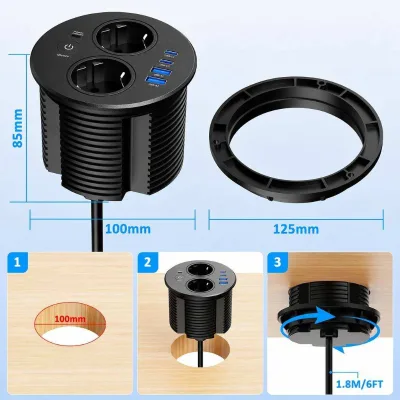 Office Desktop Round Grommet Schuko Outlet with 2 EU Socket 20W PD 2 USB-A & 2 USB-C Ports, On/Off Switch & Overload Protection