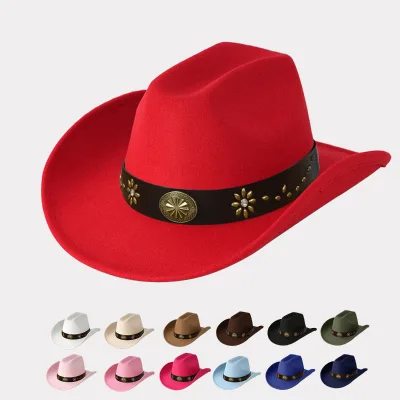 Wholesale Jazz Fedora Hats with Leather Band Solid Color Pure Wool Felt Cowboy Hats Western Style Party Winter Summer