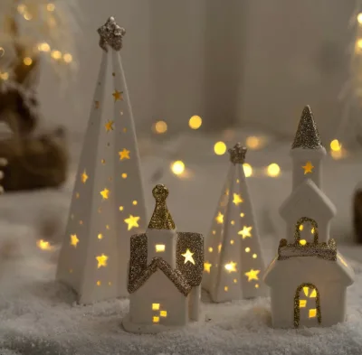 New Design Diy White Ceramics Lighted Christmas Village Houses Decor