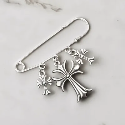 Wholesale Customization Triple Cross Cufflinks 316L Stainless Steel Safety Pin Gothic Christian Brooch