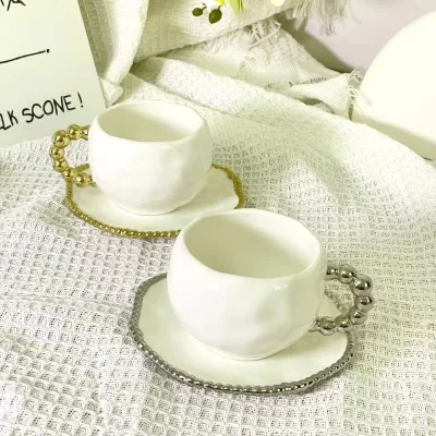 French-style Modern Hand-held Irregular Ceramic Coffee Cup Saucer Gold-Beaded Handles Dishwasher Safe Lovely Afternoon Tea Set