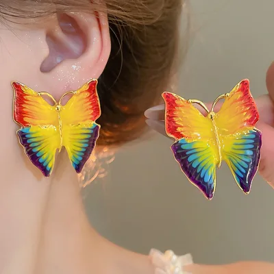 Drip oil dyed butterfly earrings with retro design light luxury and high-end earrings