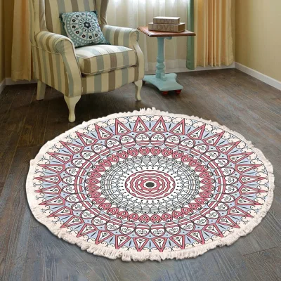 Round Tassel Mandala Floor Rug Ethnic Geometric Pattern Circular Mat Wear Resistant Carpet for Living Room Bedroom Balcony