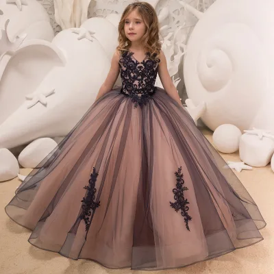 In Stock Puffy Fancy Little Girls Lace Party Dresses Kids Long Ball Gown Flower Girls Dresses