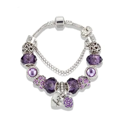Mother's Gift Womens Heart Bracelet Purple Bead Bracelet Mom Charms Bracelet
